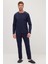 Erkek Standart Fit Normal Kesim %100 Pamuk Bisiklet Yaka Beli Lastikli Lacivert Pijama Takımı 4