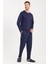 Erkek Standart Fit %100 Pamuk Bisiklet Yaka Beli Lastikli Lacivert Pijama Takımı 4