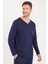 Erkek Standart Fit %100 Pamuk V Yaka Beli Lastikli Lacivert Pijama Takımı 2