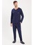 Erkek Standart Fit %100 Pamuk V Yaka Beli Lastikli Lacivert Pijama Takımı 5