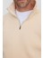 Unisex Relax Fit Rahat Kesim Pamuklu İçi Polarlı Yarım Fermuarlı Ekru Dik Yaka Sweatshirt 3