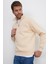 Unisex Relax Fit Rahat Kesim Pamuklu İçi Polarlı Yarım Fermuarlı Ekru Dik Yaka Sweatshirt 4