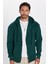 Unisex Relax Fit Rahat Kesim Pamuklu İçi Polarlı Çift Cepli Fermuarlı Yeşil Kapüşonlu Sweatshirt 4