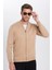 Unisex Slim Fit Dar Kesim Bej Dik Yaka Fermuarlı Düz Hırka 2