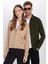 Unisex Slim Fit Dar Kesim Bej Dik Yaka Fermuarlı Düz Hırka 3