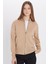 Unisex Slim Fit Dar Kesim Bej Dik Yaka Fermuarlı Düz Hırka 4