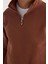 Unisex Relax Fit Rahat Kesim Pamuklu İçi Polarlı Yarım Fermuarlı Kahverengi Dik Yaka Sweatshirt 4
