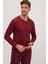 Erkek Regular Fit Pamuklu Düğmeli Yaka Beli Lastikli Desenli Bordo Pijama Takımı 1