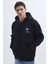 Unisex Oversize Geniş Kesim Pamuklu Yumuşak Dokulu İçi Polarlı Baskılı Siyah Kapüşonlu Sweatshirt 2