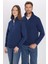 Unisex Relax Fit Rahat Kesim Pamuklu Içi Polarlı Yarım Fermuarlı Lacivert Dik Yaka Sweatshirt 3