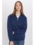 Unisex Relax Fit Rahat Kesim Pamuklu Içi Polarlı Yarım Fermuarlı Lacivert Dik Yaka Sweatshirt 4