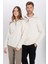 Unisex Relax Fit Rahat Kesim Fitilli Desenli Pamuklu Yarım Fermuarlı Ekru Dik Yaka Sweatshirt 3