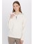 Unisex Relax Fit Rahat Kesim Fitilli Desenli Pamuklu Yarım Fermuarlı Ekru Dik Yaka Sweatshirt 4