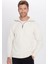 Unisex Relax Fit Rahat Kesim Fitilli Desenli Pamuklu Yarım Fermuarlı Ekru Dik Yaka Sweatshirt 6
