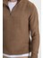 Erkek Slim Fit Dar Kesim Fermuarlı Koyu Vizon Dik Yaka Triko Kazak 3