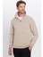 Relax Fit Rahat Kesim Pamuklu Içi Polarlı Yarım Fermuarlı Taş Renk Dik Yaka Sweatshirt 3