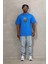 Unisex Oversize Baskılı Bisiklet Yaka T-Shirt - Mavi 4
