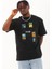 Unisex Oversize Baskılı Bisiklet Yaka T-Shirt - Siyah 2