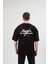 Unisex Bisiklet Yaka Baskılı Oversize T-Shirt - Siyah 2