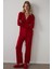 Kırmızı Ny Time Fitilli Gömlek Yaka Uzun Kollu Pijama Takımı 1