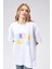Kadın Bisiklet Yaka Baskılı Kısa Kollu Oversize Tişört 1