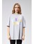 Kadın Bisiklet Yaka Baskılı Kısa Kollu Oversize Tişört 1