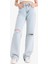 Straight Wide Yırtık Detaylı Yüksek Bel Uzun Jean Yıkamalı Pantolon E8016AX25SM 12