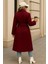 Kadın Kışlık Trend Kuşaklı Uzun Bordo Kaşe Kaban 5