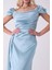 Turkuaz Drape Detaylı Saten Kumaş Abiye Elbise 9704858.14 8