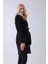 Siyah Şal Yaka Çift Cepli Düğme Kapamalı Kemerli Peluş Kaban 0108088.01 3