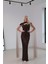 Kahve Boyundan Takma Tül Detaylı Straplez Pul Payet Abiye 9705683.05 1