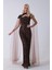 Kahve Boyundan Takma Tül Detaylı Straplez Pul Payet Abiye 9705683.05 2