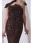 Kahve Boyundan Takma Tül Detaylı Straplez Pul Payet Abiye 9705683.05 8