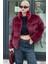 Bordo Dik Yaka Kadın Kürklü Mont MG2259 1