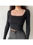 Kadın Kare Yaka Fitilli Kaşkorse Crop Uzun Kollu Bluz 1