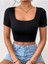 Kadın 3 Lü Adet Siyah Fitilli Pamuklu Örme Kare Yaka Crop T-Shirt Bluz 2