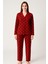 Kadın 0287 Önü Düğmeli Süet Uzun Kol Pijama Takımı Kırmızı 1