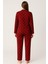 Kadın 0287 Önü Düğmeli Süet Uzun Kol Pijama Takımı Kırmızı 2