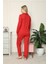 Moda Kadın %100 Pamuk Penye Önden Düğmeli Uzun Kol Pijama Takım Kırmızı 4