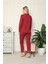 Moda Kadın %100 Pamuk Penye Önden Düğmeli Uzun Kol Pijama Takım Bordo 4