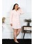 Moda Kadın Büyük Beden Pamuk Dokuma Düğmeli Uzun Kol Pembe Tunik Gecelik 2