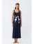 Moda Kadın Kalın Askılı Penye Uzun Lacivert Gecelik 2