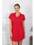 Moda Kadın Pamuk Dokuma Kısa Kol Düğmeli Kırmızı Tunik Gecelik 5