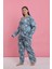 Moda Kadın Büyük Beden Mavi Tropikal Desenli Düğmeli Pijama Takımı 3