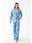 Moda Kadın Mavi Yıldız Desenli Düğmeli Pamuklu Pijama Takımı 2