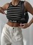 Bantı Yazılı Çizgili Crop Triko Bluz 1