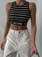 Bantı Yazılı Çizgili Crop Triko Bluz 2