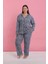 Moda Kadın Büyük Beden Mavi Leopar Desenli Düğmeli Pijama Takımı 3