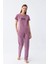 Moda Kadın Mor Yıldız Desenli Penye Kısa Kol Pijama Takımı 2