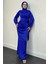 Yandan Bağlamalı Saten Delux Abiye- Saks Mavisi 1